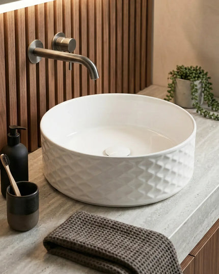 Lavoar ceramic rotund A787 – alb lucios, exterior texturat