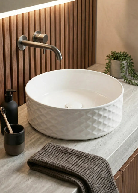 Lavoar ceramic rotund A787 – alb lucios, exterior texturat