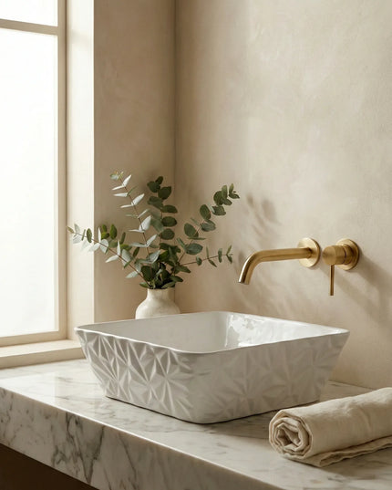 Lavoar ceramic pătrat A822 – alb lucios, design texturat