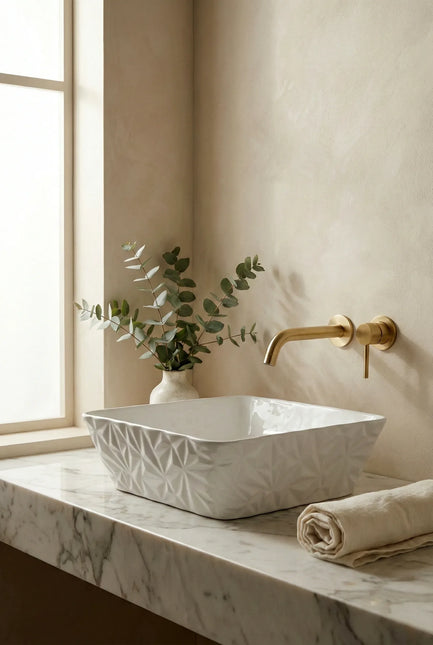 Lavoar ceramic pătrat A822 – alb lucios, design texturat
