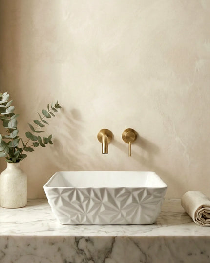 Lavoar ceramic pătrat A822 – alb lucios, design texturat