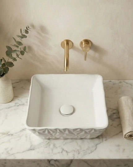 Lavoar ceramic pătrat A822 – alb lucios, design texturat