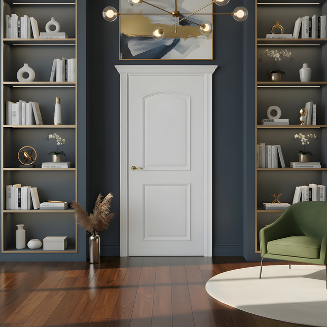 Ușă vopsită JYP-102 Alb cu panou arcuit și panou clasic profilat