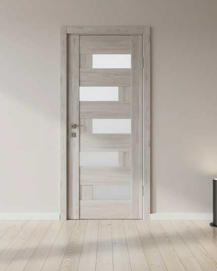 Ușă interior Rino 16 Shalet Oak – complet echipată, cu sticlă verticală și toc reglabil