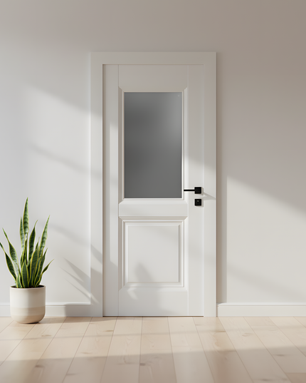 Ușă de interior albă JYA-067 cu sticlă satinată și toc reglabil – design modern, complet echipată, livrare rapidă