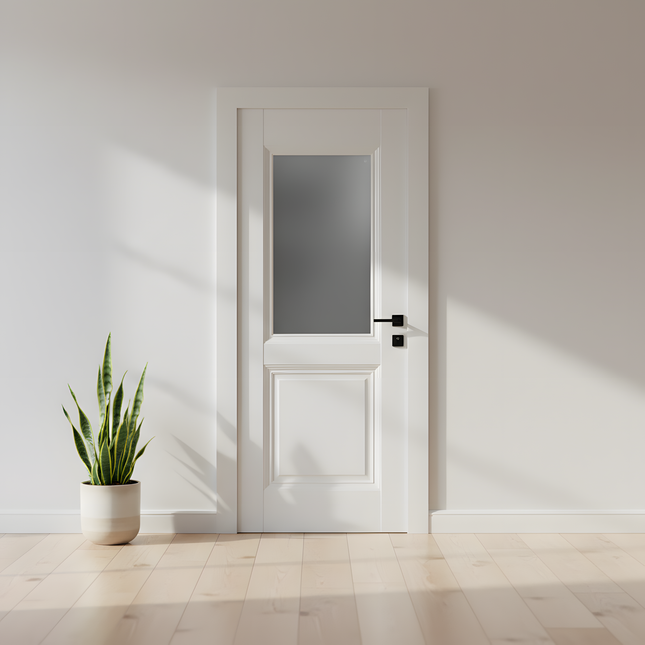 Ușă de interior albă JYA-067 cu sticlă satinată și toc reglabil – design modern, complet echipată, livrare rapidă