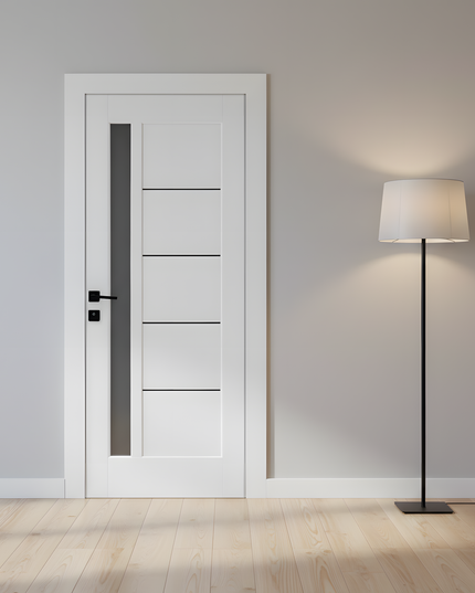 Ușă de interior albă JY-AS-016 cu toc reglabil și sticlă satinată – modernă, luminoasă, complet echipată