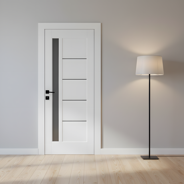 Ușă de interior albă JY-AS-016 cu toc reglabil și sticlă satinată – modernă, luminoasă, complet echipată