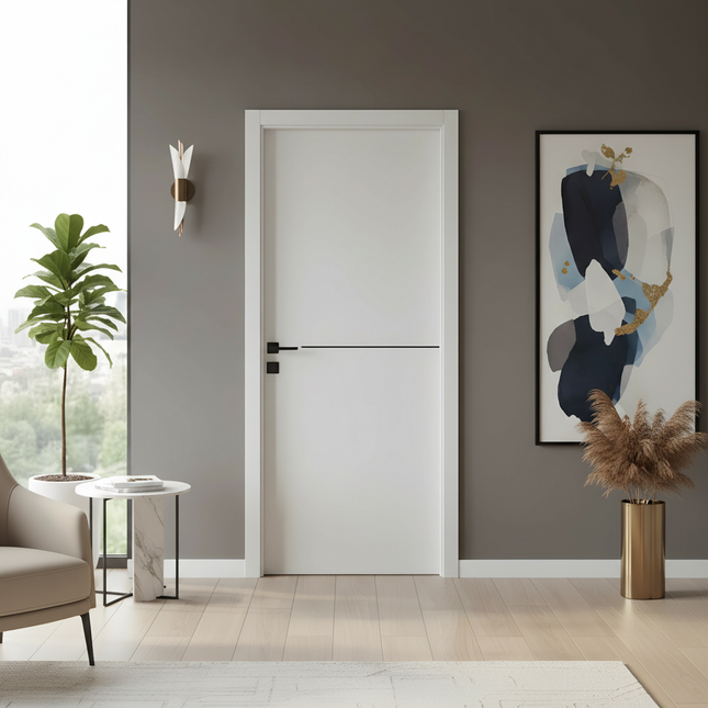 Ușă de interior JY-006 albă mată cu inserție neagră – model modern minimal | CasaDeco