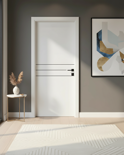 Ușă de interior JY-005 albă mată cu 3 inserții neagră – model modern minimal | CasaDeco