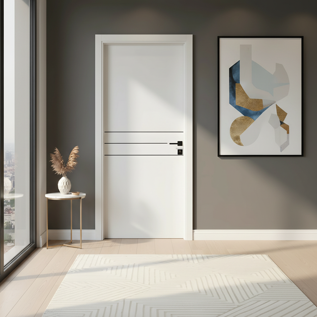 Ușă de interior JY-005 albă mată cu 3 inserții neagră – model modern minimal | CasaDeco