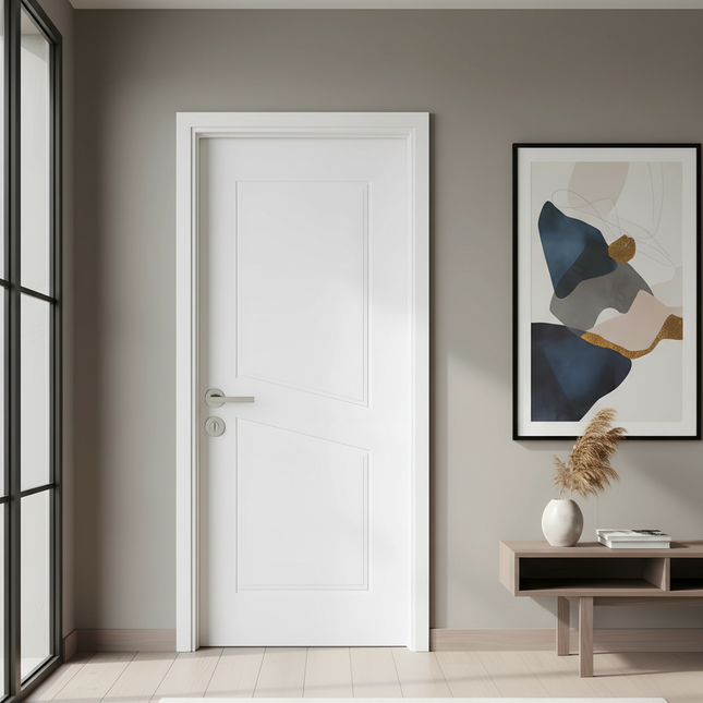 Ușă de interior albă cu panouri geometrice – design modern-clasic | CasaDeco