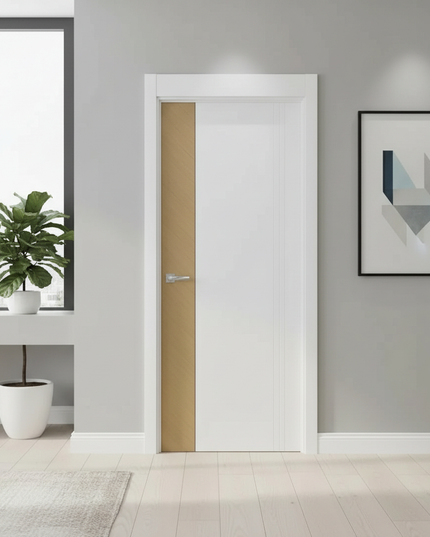 Ușă vopsită JYP-104 Alb cu inserție furnir și riflaj