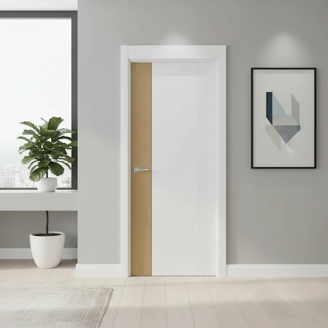 Ușă vopsită JYP-104 Alb cu inserție furnir și riflaj