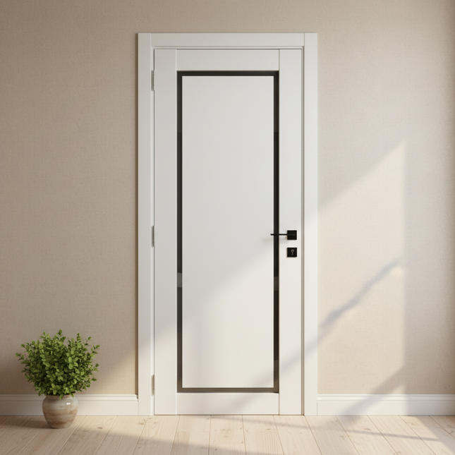 Ușă interior Astrid White Silk Mat – cu sticlă mat-complet echipată și toc reglabil