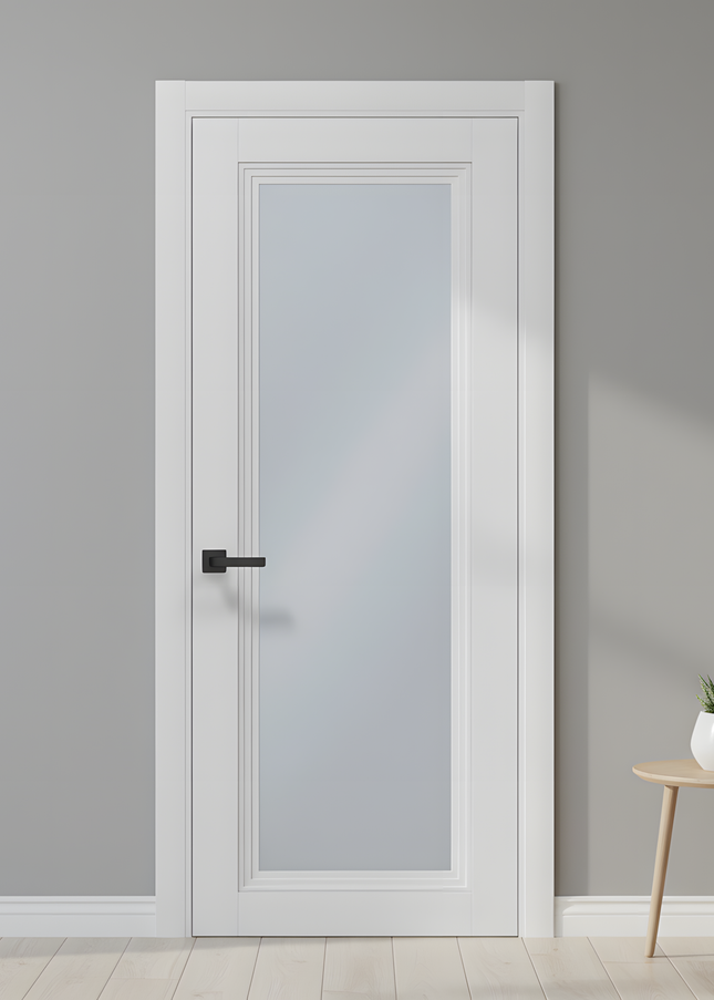 Ușă T13 alb Mat cu Sticlă Sablata – Design Clasic-Modern
