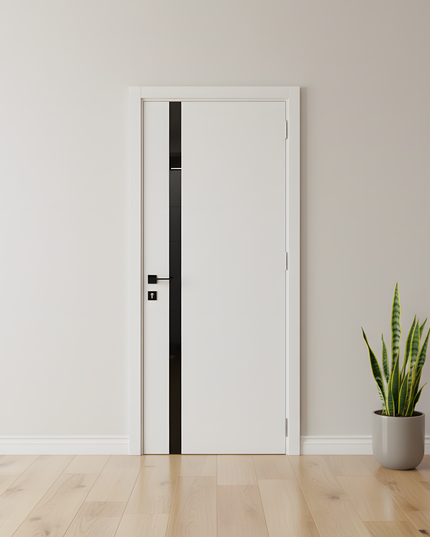 Ușă interior City White Silk Mat – cu sticlă neagră aplicată și toc reglabil, complet echipată