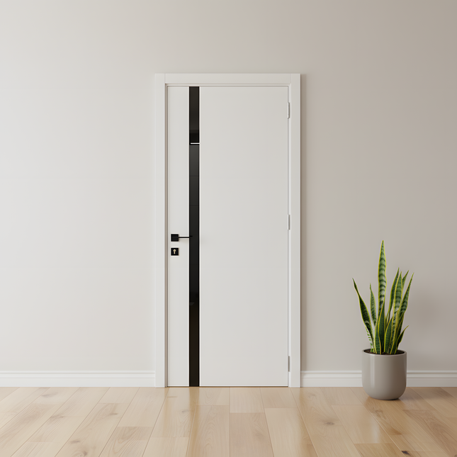 Ușă interior City White Silk Mat – cu sticlă neagră aplicată și toc reglabil, complet echipată