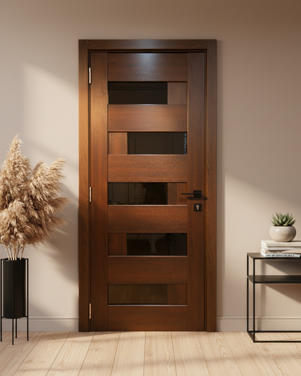 Ușă interior Rino 16 European Chestnut- cu sticlă decorativă, complet echipată