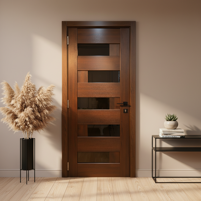 Ușă interior Rino 16 European Chestnut- cu sticlă decorativă, complet echipată