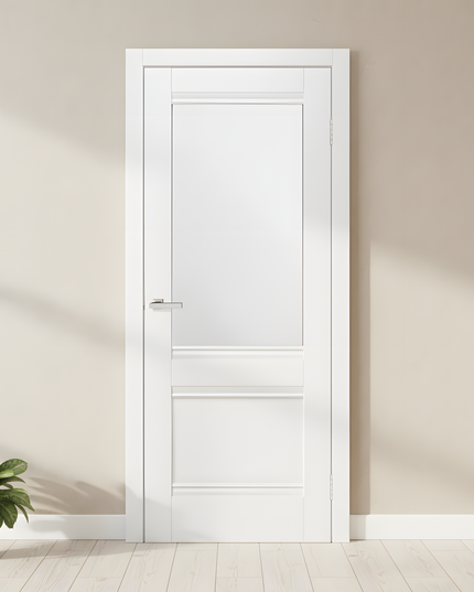 Ușă interior Valencia G White Silk Mat – cu sticlă mată decorativă și toc reglabil, complet echipată