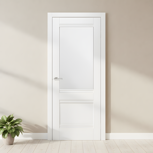 Ușă interior Valencia G White Silk Mat – cu sticlă mată decorativă și toc reglabil, complet echipată