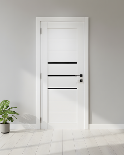 Ușă interior Deco 06 White Silk Mat – cu sticlă neagră complet echipată, cu toc reglabil