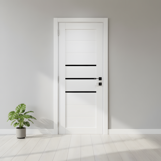 Ușă interior Deco 06 White Silk Mat – cu sticlă neagră complet echipată, cu toc reglabil