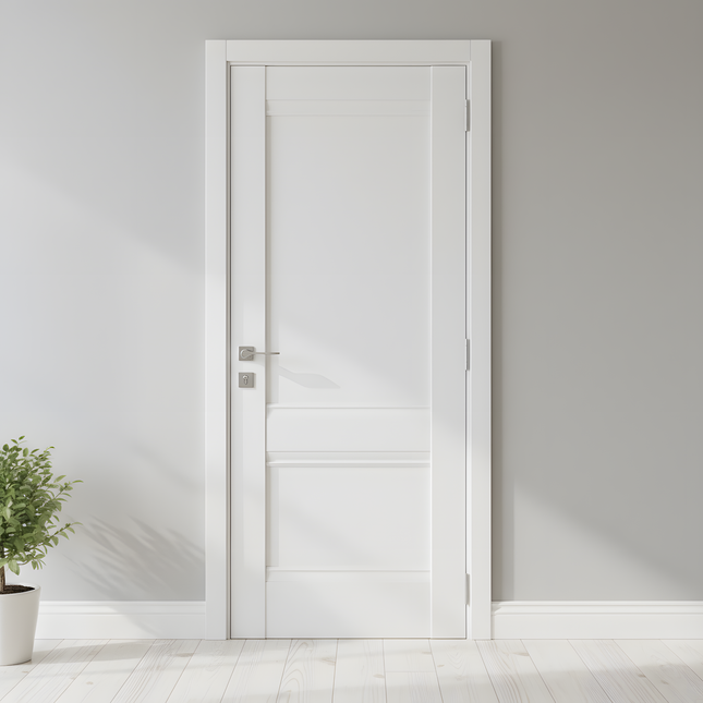 Ușă interior Valencia White Silk Mat – complet echipată, cu toc reglabil și decor vertical alb mat