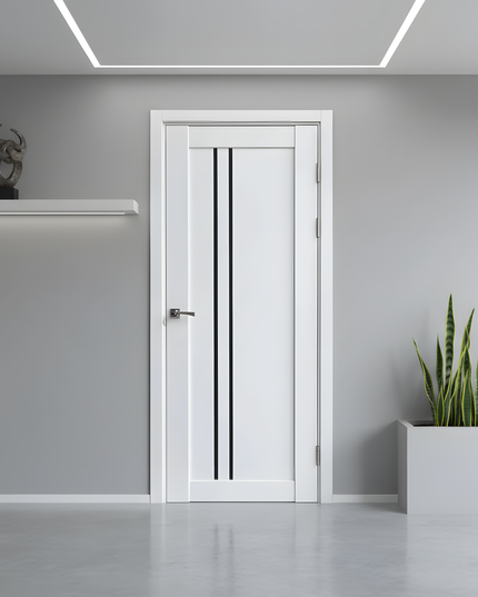 Ușă interior albă LEGO 05 cu sticlă neagră – design modern, complet echipată