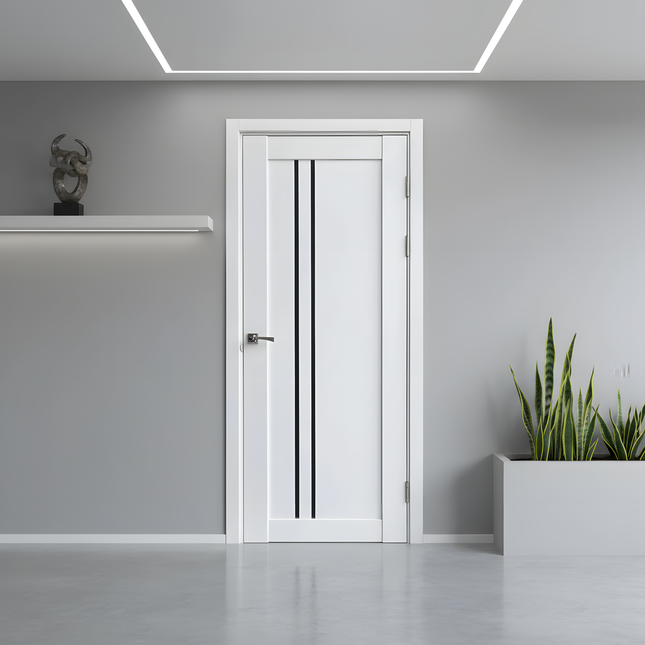 Ușă interior albă LEGO 05 cu sticlă neagră – design modern, complet echipată