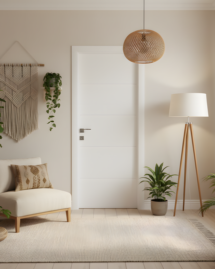 Ușă de interior Quadro alb mat cu toc reglabil – design geometric modern, complet echipată