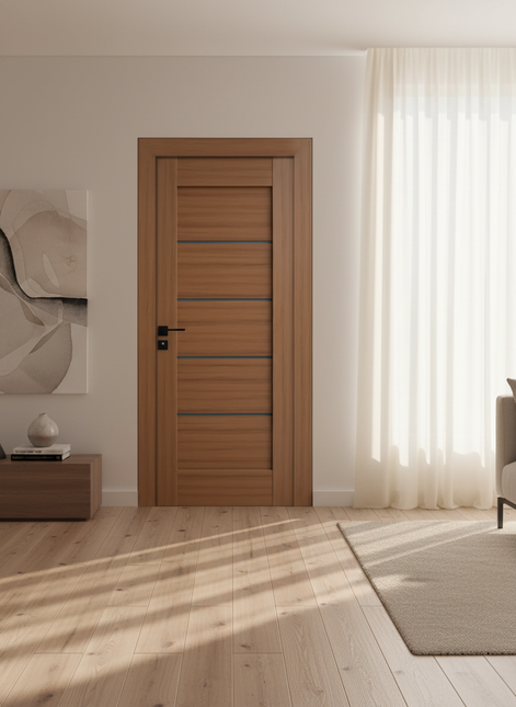 Ușă interior culoare teak JYA-066 cu toc reglabil – design cald, complet echipată