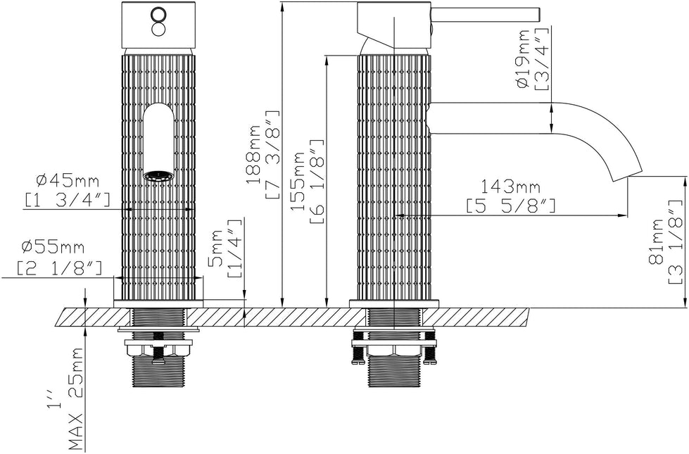 Baterie lavoar negru mat cu textură canelată – design contemporan din alamă solidă