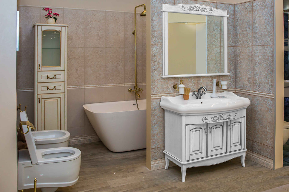 Mobilier de baie pe pardoseală Mikella, Alb+Crom