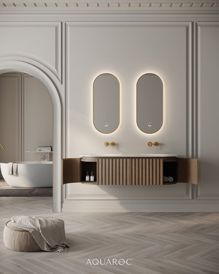 Set Mobilier Baie Dublu din Lemn cu Două Lavoare & Oglinzi LED – Design Premium