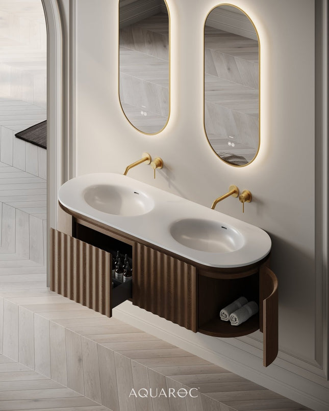 Set Mobilier Baie Dublu din Lemn cu Două Lavoare & Oglinzi LED – Design Premium