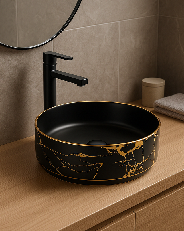 Lavoar ceramic rotund negru cu inserții aurii – model A712-CBK64-M