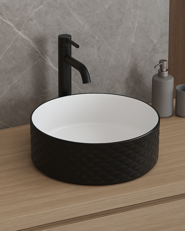 Lavoar rotund ceramic 787-CBKW-MRS – exterior negru texturat, interior alb lucios