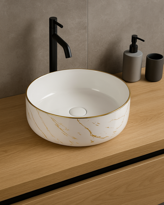 Lavoar rotund ceramic A524B-KG268 – alb marmorat cu accente aurii