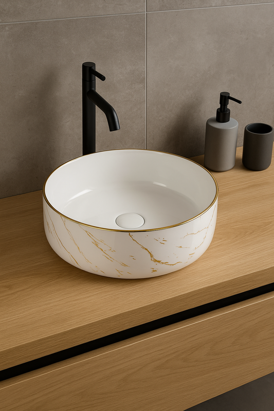 Lavoar rotund ceramic A524B-KG268 – alb marmorat cu accente aurii