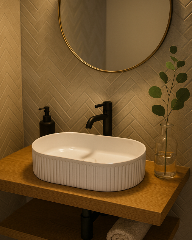 Lavoar Alb Oval din Ceramică cu Design Striat- A 721