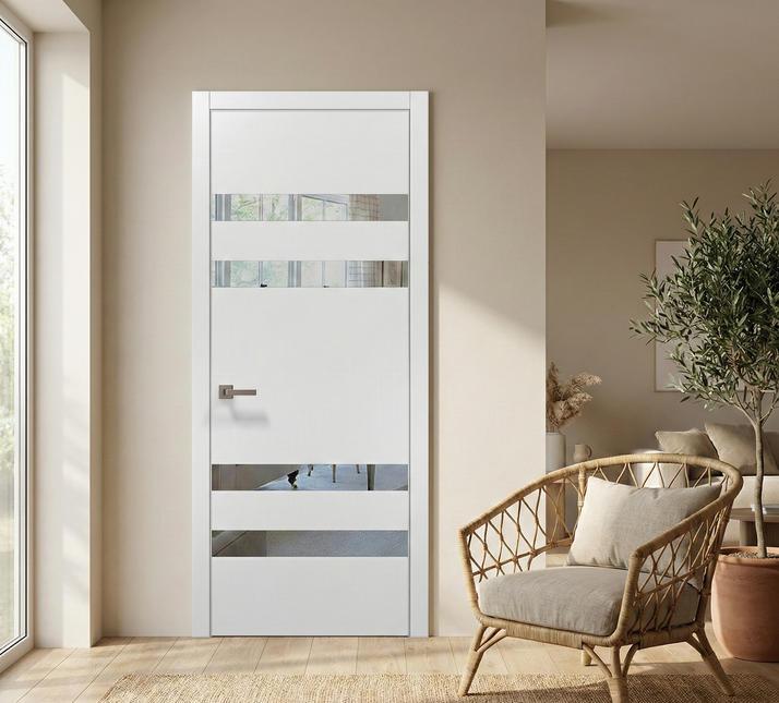 Ușă de interior PL-28 – stil arhitectural premium cu 4 fâșii oglindă/sticlă