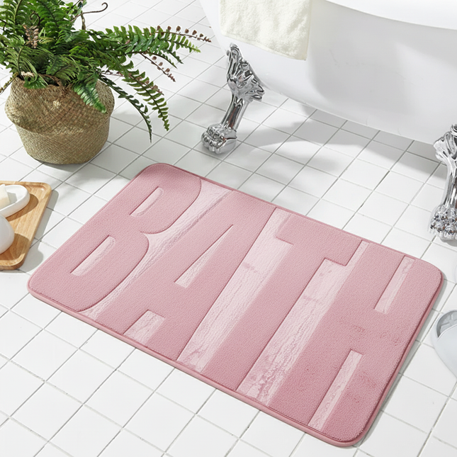 Covoraș baie cu inscripție BATH, antiderapant TRP, 45×75 cm, Roz