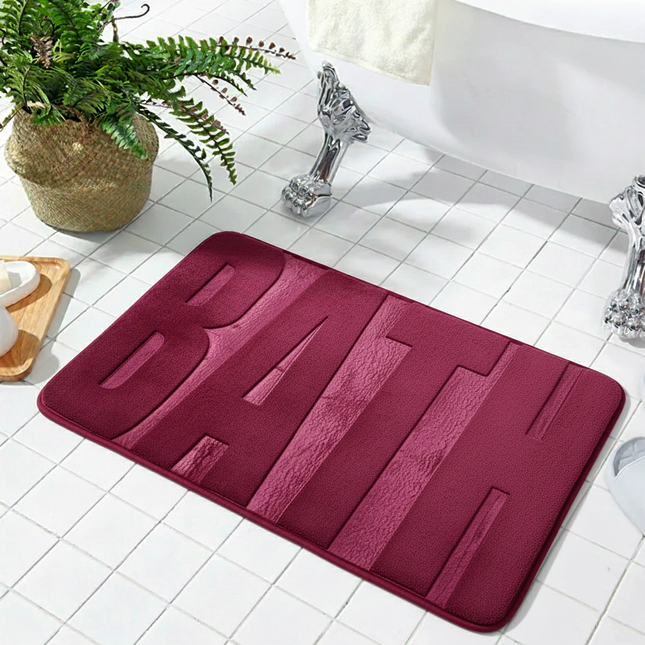 Covoraș baie cu inscripție BATH, antiderapant TRP, 45×75 cm, Burgundy