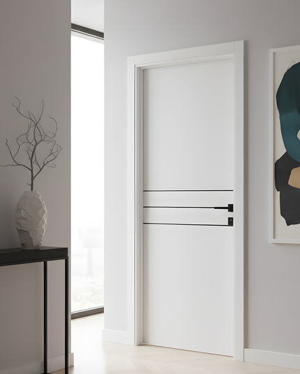 Ușă de interior JY-005 albă mată cu 3 inserții neagră – model modern minimal | CasaDeco