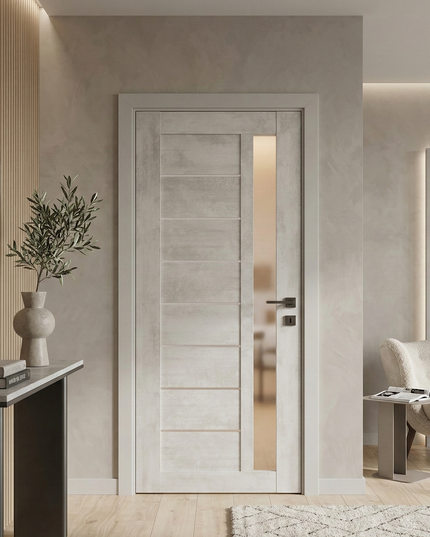 Ușă de interior Deco 09 G Light Cement cu sticlă satinată