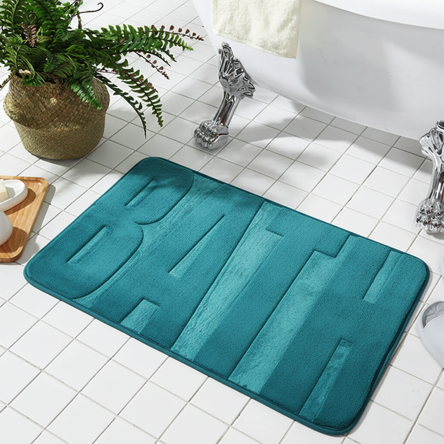 Covoraș baie cu inscripție BATH, antiderapant TRP, 45×75 cm, Albastru