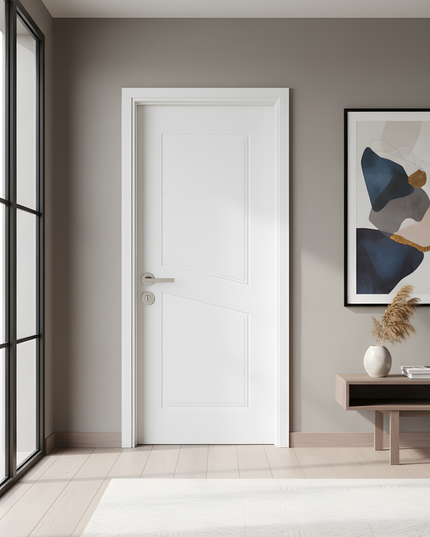 Ușă de interior albă cu panouri geometrice – design modern-clasic | CasaDeco