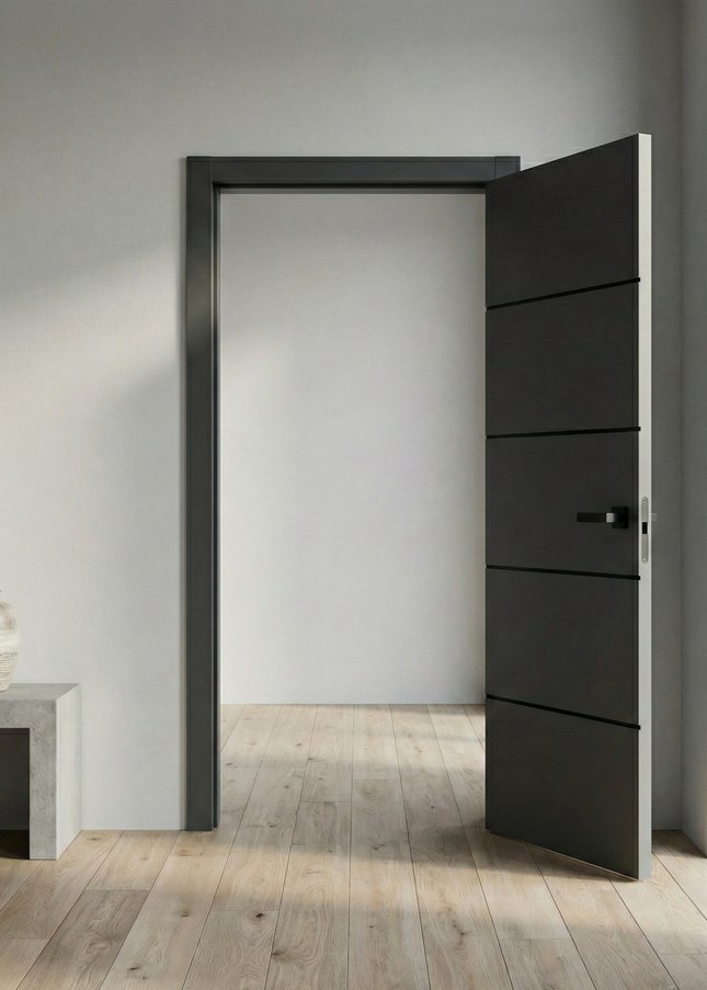 Ușă de interior PL-02 – design modern cu inserții metalice negre